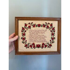 Vintage Framed Cross-Stitch Poem With Floral Border Wooden Frame 11x9 Inches Sen